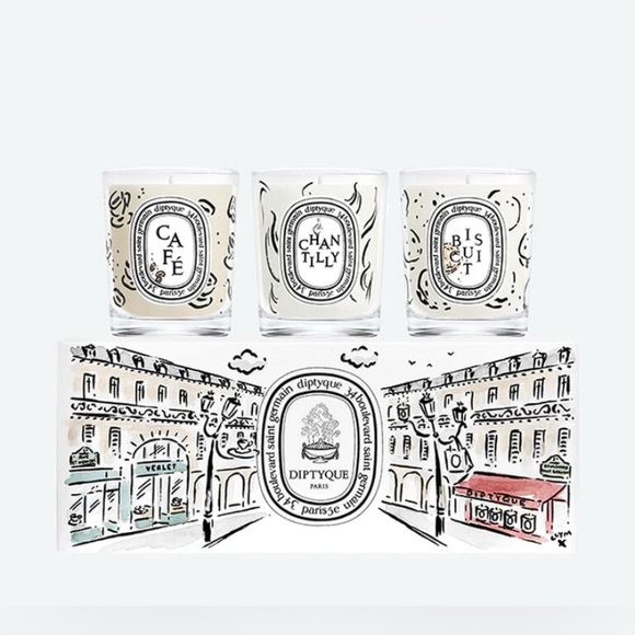 DIPTYQUE Parisian Trio Cafe Chantilly Biscuit Box Set 3 Candles x 70g NEW NIB - Picture 2 of 2
